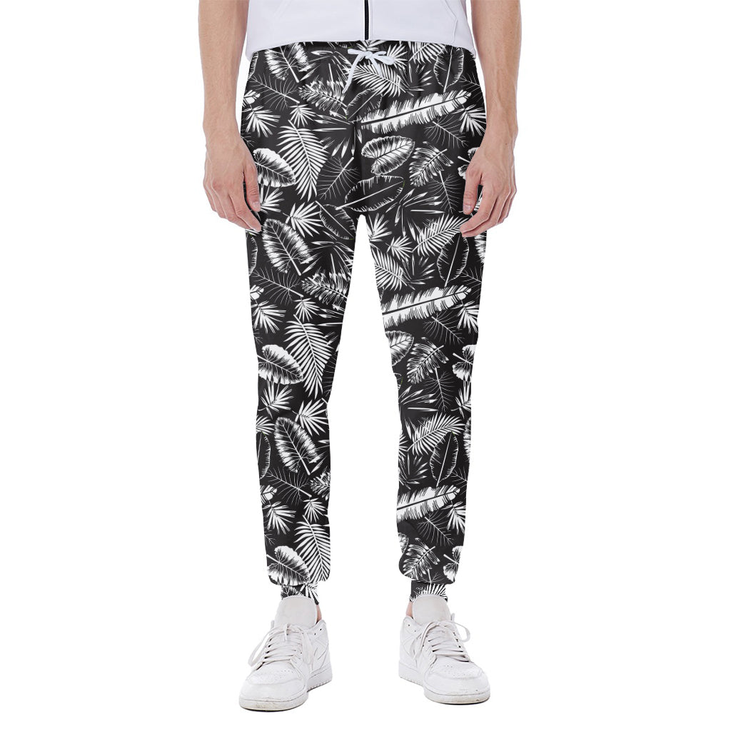 Black And White Tropical Palm Leaf Print Scuba Joggers