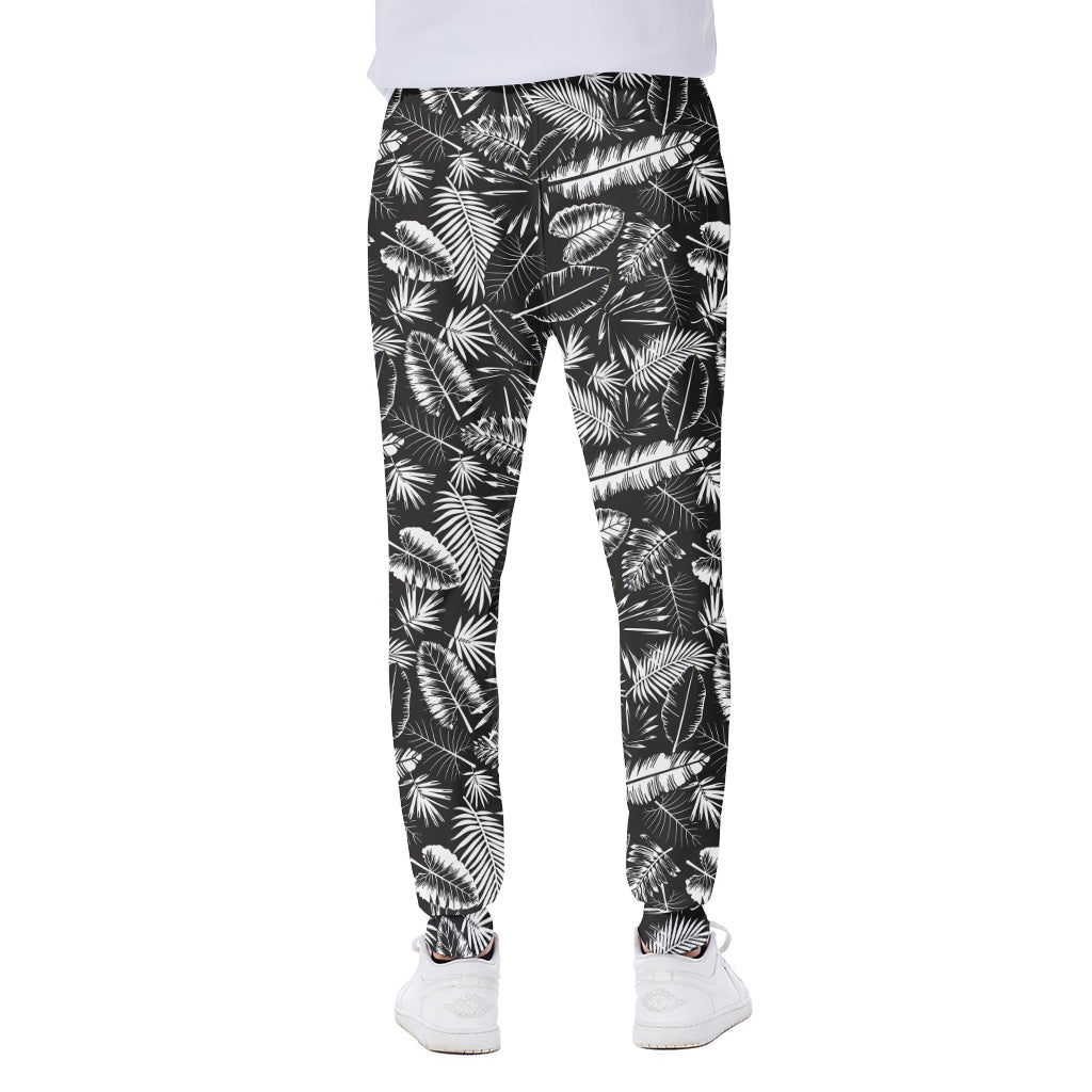 Black And White Tropical Palm Leaf Print Scuba Joggers