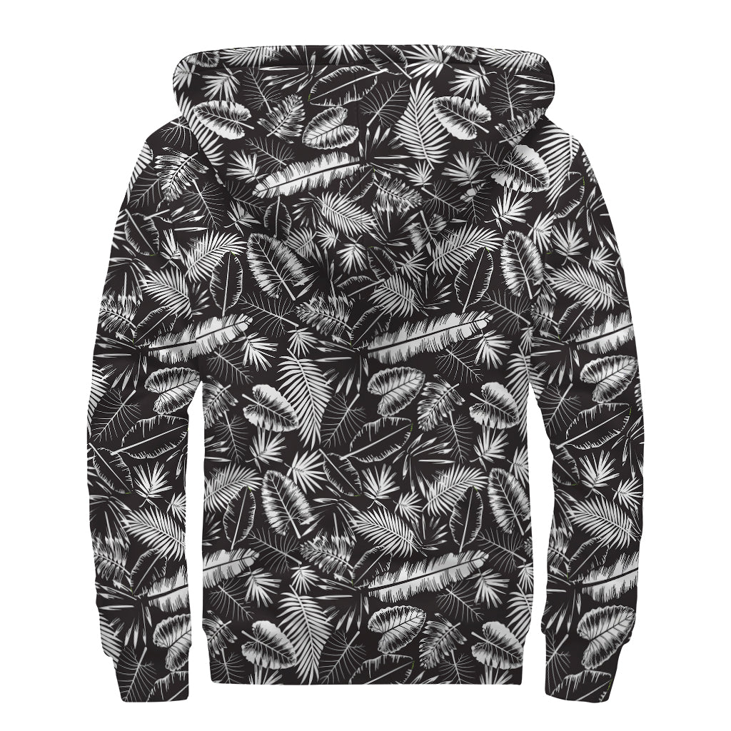 Black And White Tropical Palm Leaf Print Sherpa Lined Zip Up Hoodie