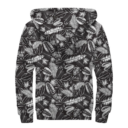 Black And White Tropical Palm Leaf Print Sherpa Lined Zip Up Hoodie