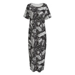Black And White Tropical Palm Leaf Print Short Sleeve Long Nightdress