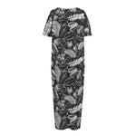 Black And White Tropical Palm Leaf Print Short Sleeve Long Nightdress