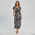 Black And White Tropical Palm Leaf Print Short Sleeve Maxi Dress