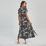 Black And White Tropical Palm Leaf Print Short Sleeve Maxi Dress