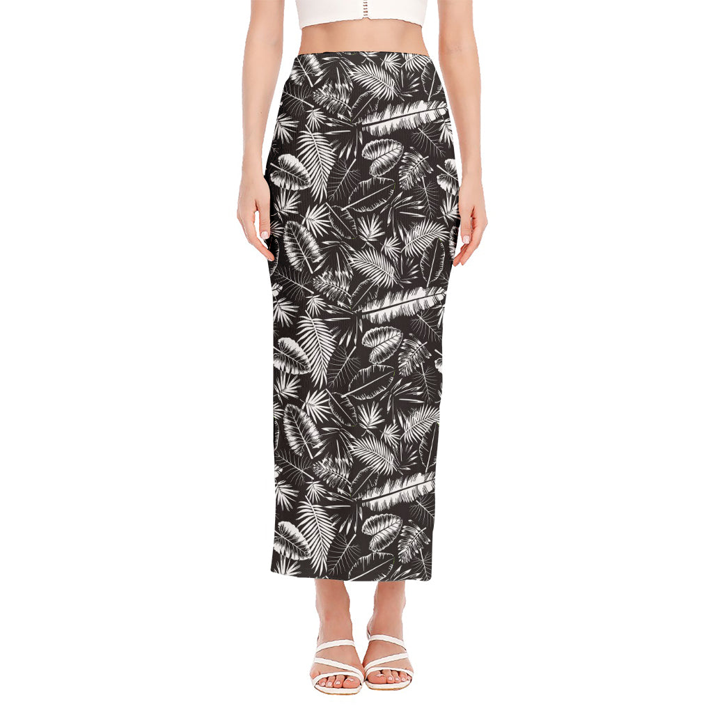 Black And White Tropical Palm Leaf Print Side Slit Maxi Skirt