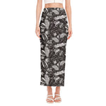 Black And White Tropical Palm Leaf Print Side Slit Maxi Skirt