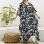 Black And White Tropical Palm Leaf Print Silk V-Neck Kaftan Dress