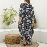 Black And White Tropical Palm Leaf Print Silk V-Neck Kaftan Dress