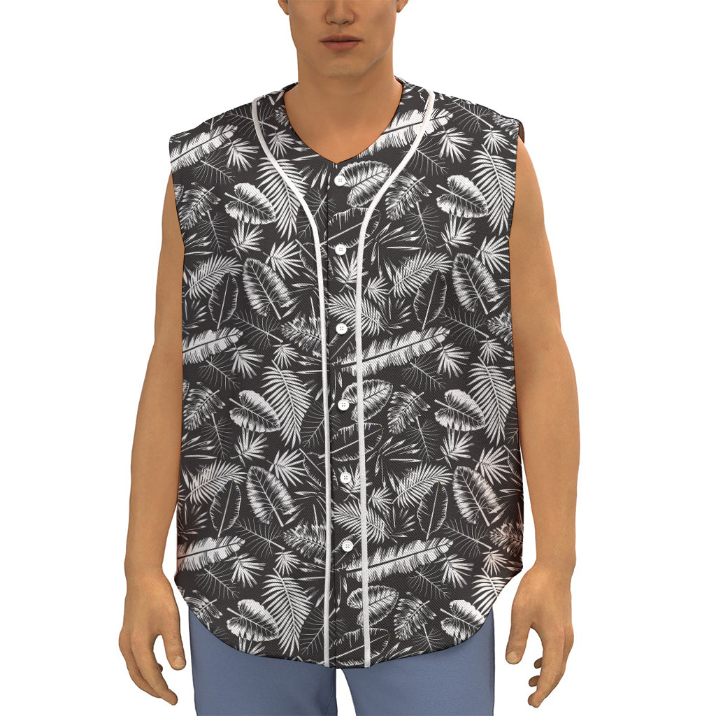 Black And White Tropical Palm Leaf Print Sleeveless Baseball Jersey