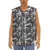 Black And White Tropical Palm Leaf Print Sleeveless Baseball Jersey