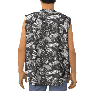 Black And White Tropical Palm Leaf Print Sleeveless Baseball Jersey