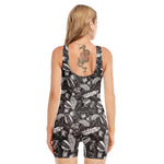 Black And White Tropical Palm Leaf Print Sleeveless One Piece Swimsuit