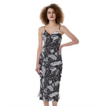 Black And White Tropical Palm Leaf Print Slim Fit Midi Cami Dress
