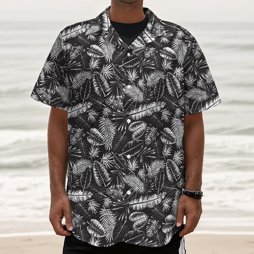 Black And White Tropical Palm Leaf Print Textured Short Sleeve Shirt