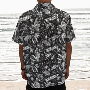 Black And White Tropical Palm Leaf Print Textured Short Sleeve Shirt