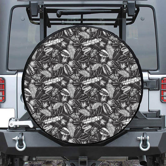 Black And White Tropical Palm Leaf Print Tire Cover