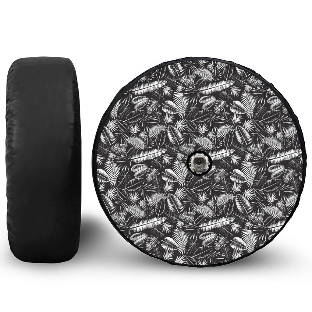 Black And White Tropical Palm Leaf Print Tire Cover With Camera Hole