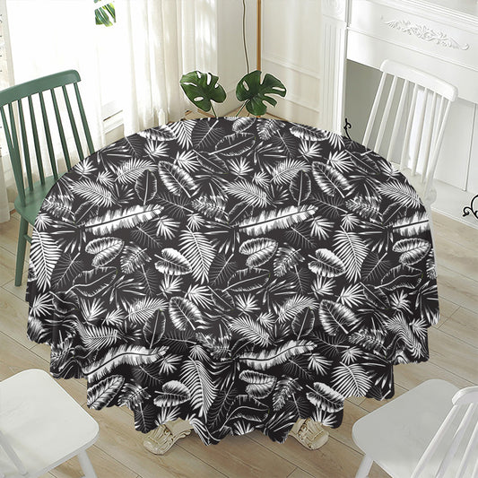 Black And White Tropical Palm Leaf Print Waterproof Round Tablecloth