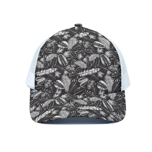 Black And White Tropical Palm Leaf Print White Mesh Trucker Cap