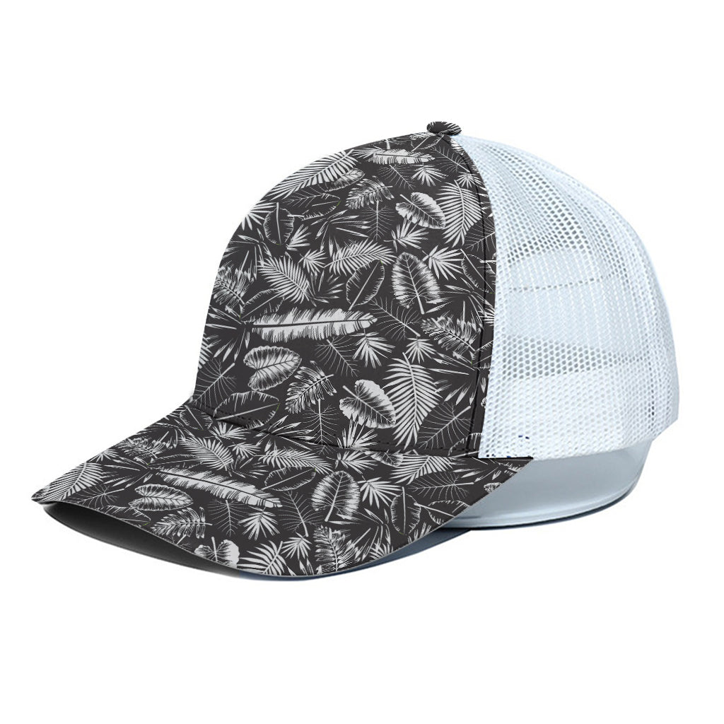 Black And White Tropical Palm Leaf Print White Mesh Trucker Cap