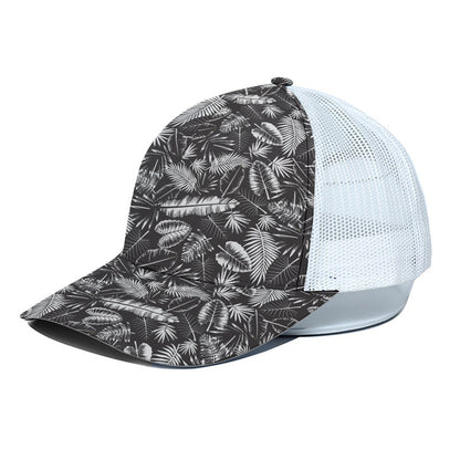 Black And White Tropical Palm Leaf Print White Mesh Trucker Cap