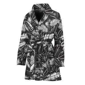 Black And White Tropical Palm Leaf Print Women's Bathrobe