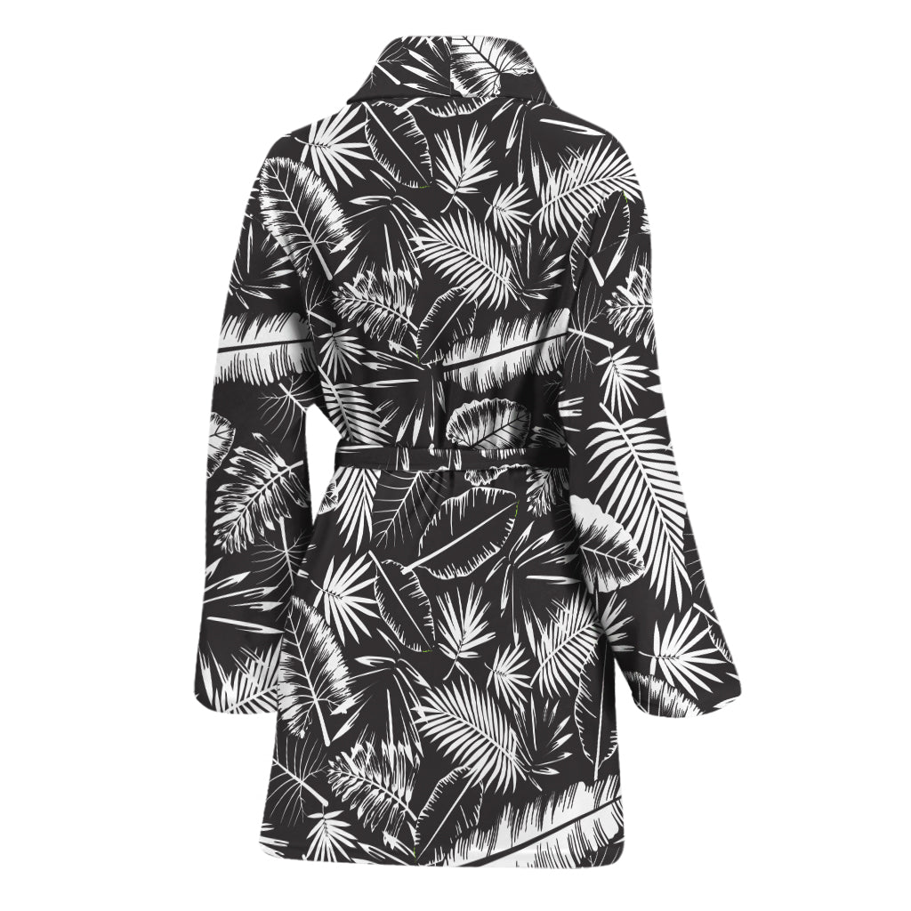 Black And White Tropical Palm Leaf Print Women's Bathrobe