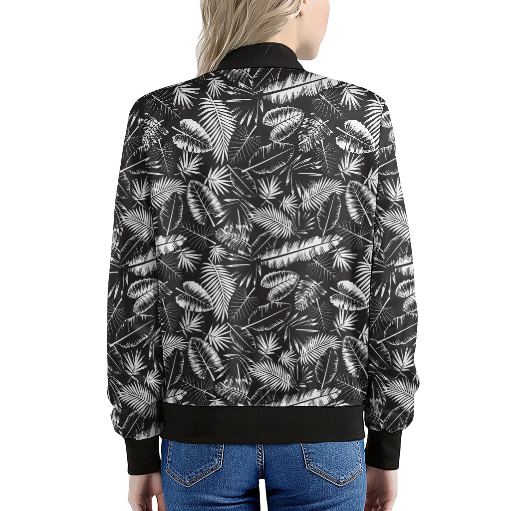 Black And White Tropical Palm Leaf Print Women's Bomber Jacket