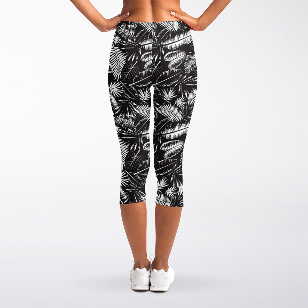 Black And White Tropical Palm Leaf Print Women's Capri Leggings