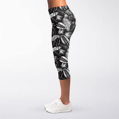 Black And White Tropical Palm Leaf Print Women's Capri Leggings
