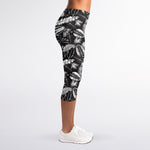 Black And White Tropical Palm Leaf Print Women's Capri Leggings