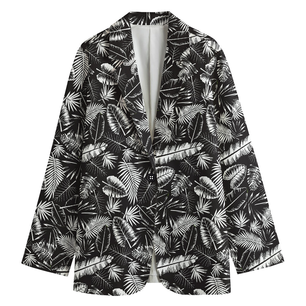 Black And White Tropical Palm Leaf Print Women's Cotton Blazer