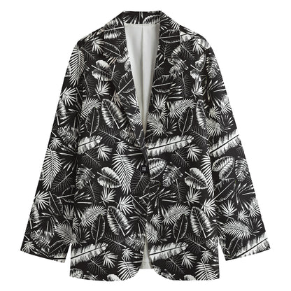 Black And White Tropical Palm Leaf Print Women's Cotton Blazer