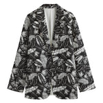 Black And White Tropical Palm Leaf Print Women's Cotton Blazer