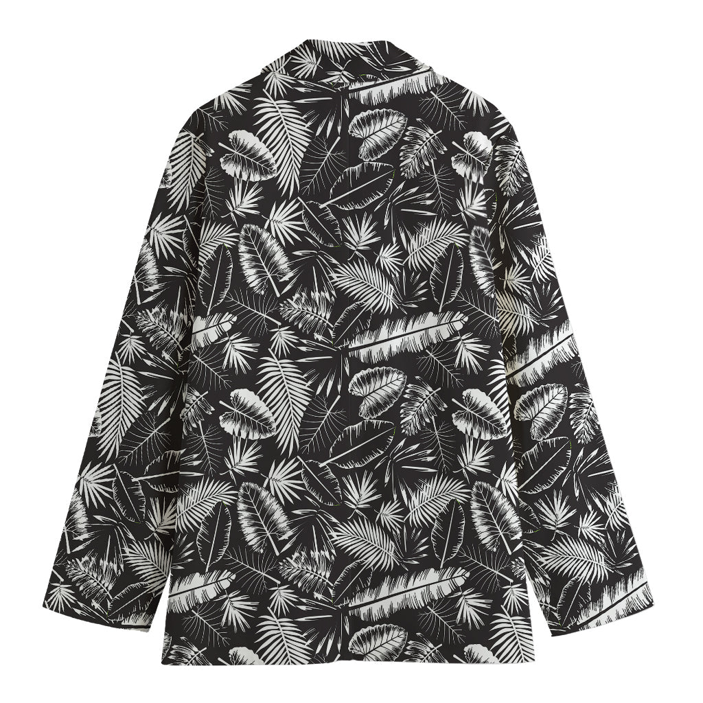 Black And White Tropical Palm Leaf Print Women's Cotton Blazer