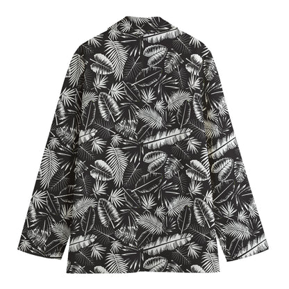 Black And White Tropical Palm Leaf Print Women's Cotton Blazer