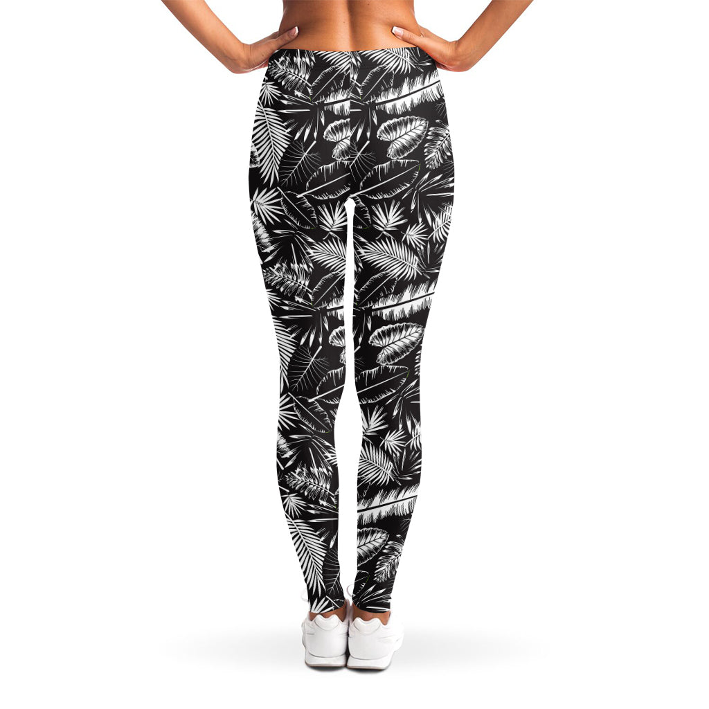 Black And White Tropical Palm Leaf Print Women's Leggings