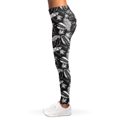 Black And White Tropical Palm Leaf Print Women's Leggings