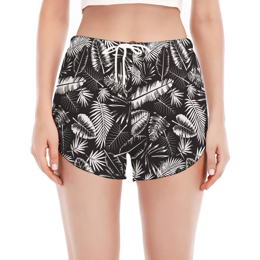 Black And White Tropical Palm Leaf Print Women's Split Running Shorts
