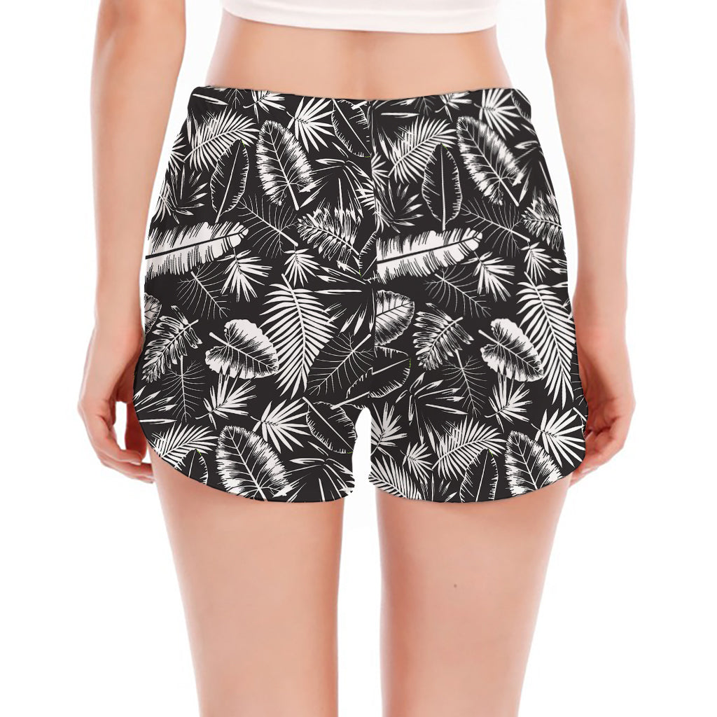 Black And White Tropical Palm Leaf Print Women's Split Running Shorts