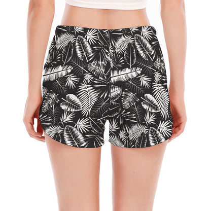 Black And White Tropical Palm Leaf Print Women's Split Running Shorts