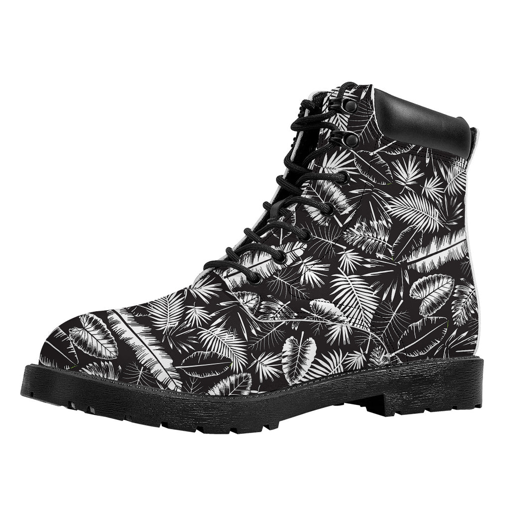 Black And White Tropical Palm Leaf Print Work Boots