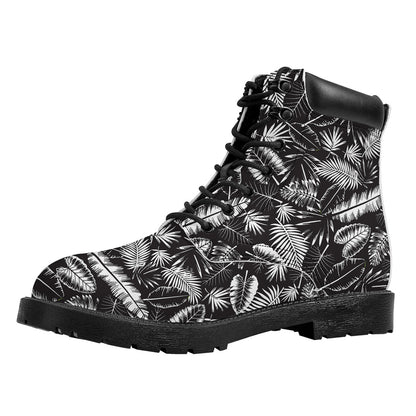 Black And White Tropical Palm Leaf Print Work Boots