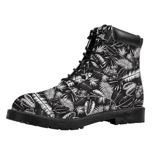 Black And White Tropical Palm Leaf Print Work Boots