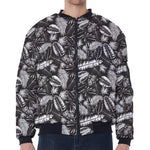 Black And White Tropical Palm Leaf Print Zip Sleeve Bomber Jacket