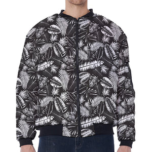 Black And White Tropical Palm Leaf Print Zip Sleeve Bomber Jacket