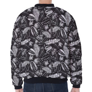 Black And White Tropical Palm Leaf Print Zip Sleeve Bomber Jacket