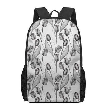 Black And White Tulip Pattern Print 17 Inch Backpack