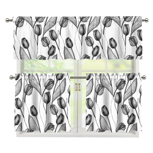 Black And White Tulip Pattern Print 3 Piece Kitchen Curtains