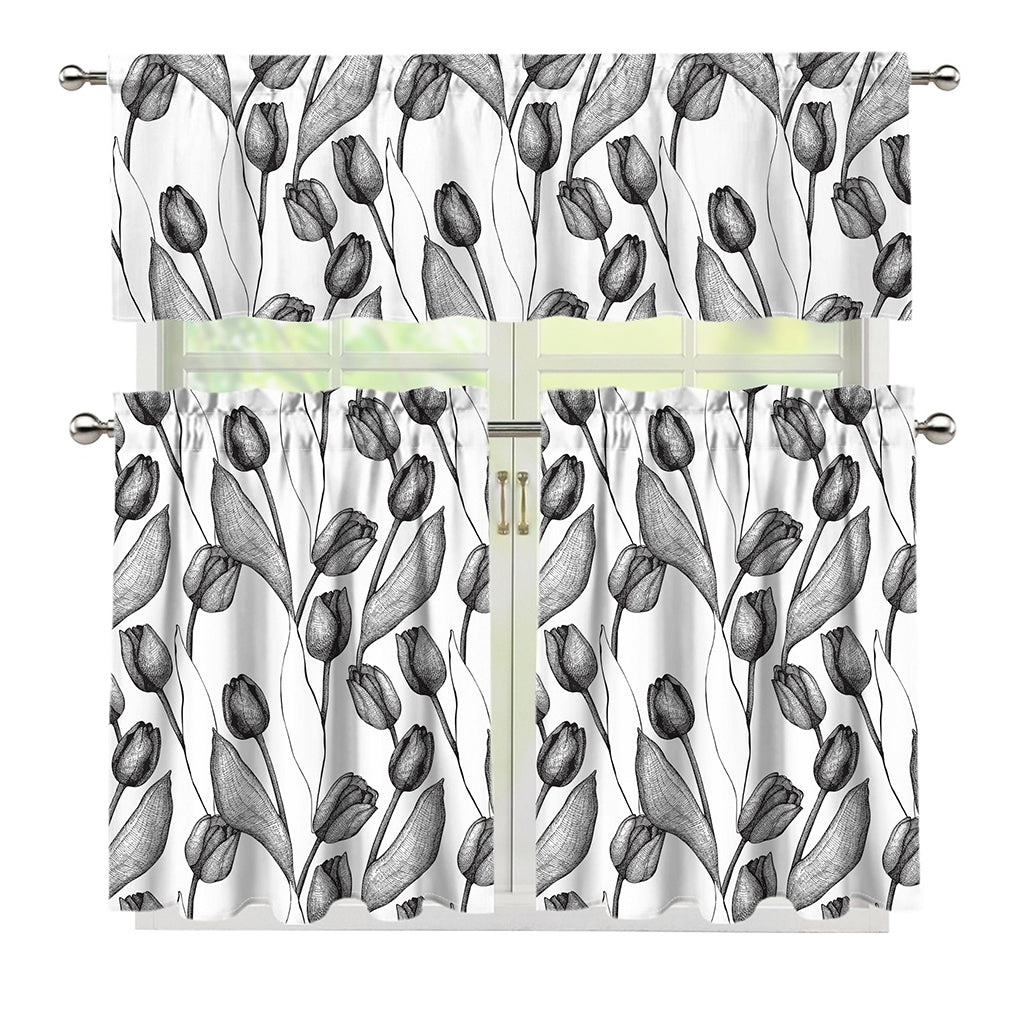 Black And White Tulip Pattern Print 3 Piece Kitchen Curtains